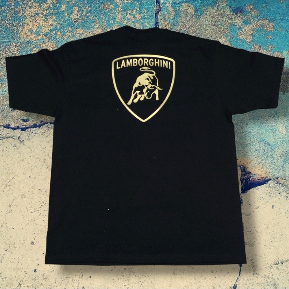New! Lamborghini Black Crew Tee with Gold Logo